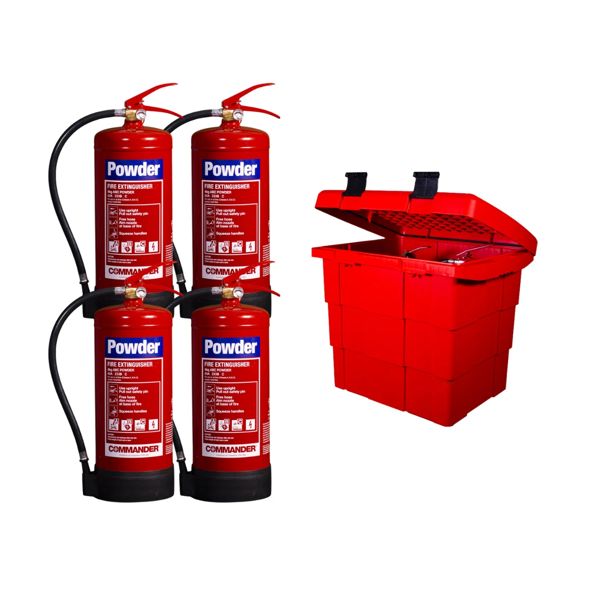 Commander Safety Box & 4 x Commander 6kg Dry Powder Fire Extinguishers-cards